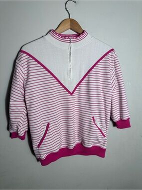Vintage 80s Blast Striped Pink & White V-Neck Panel Women’s Sweater 3/4 sleeves